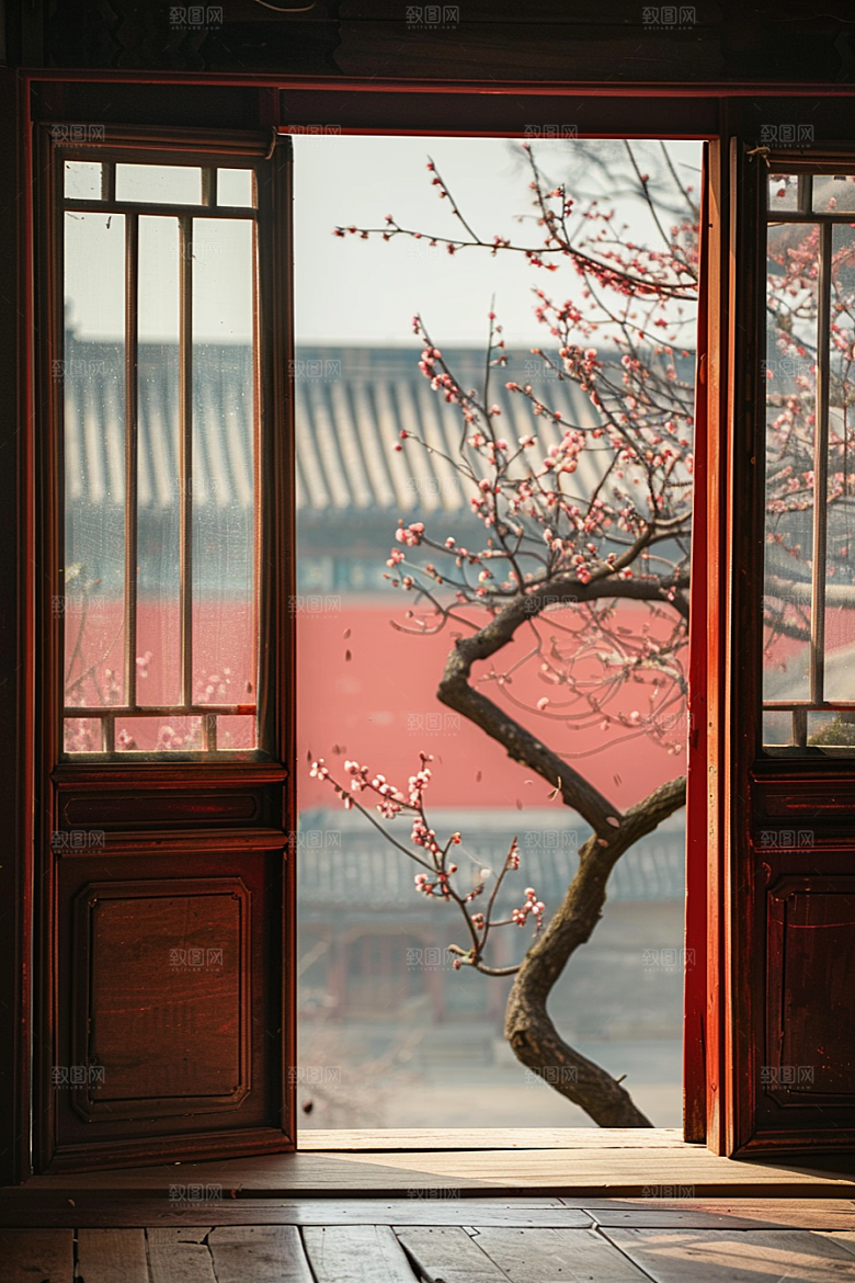 窗外的春色花园美景摄影图