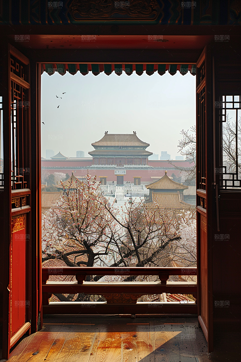 窗外的春色花草树木高清摄影图
