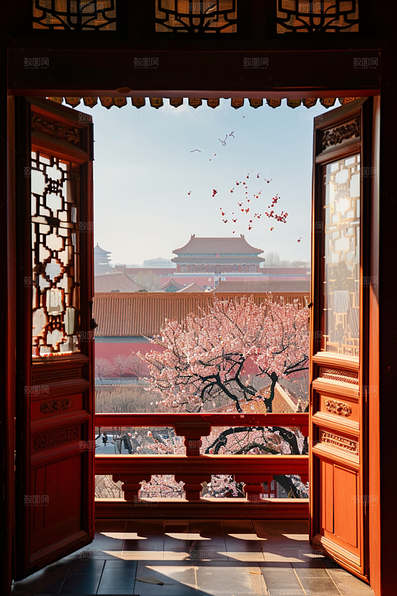窗外的春色景色花园摄影图