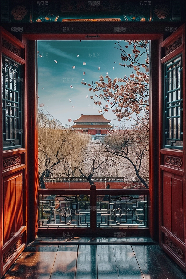 窗外的春色生机盎然户外摄影图