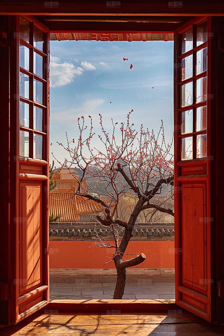 窗外的春色景色室外摄影图