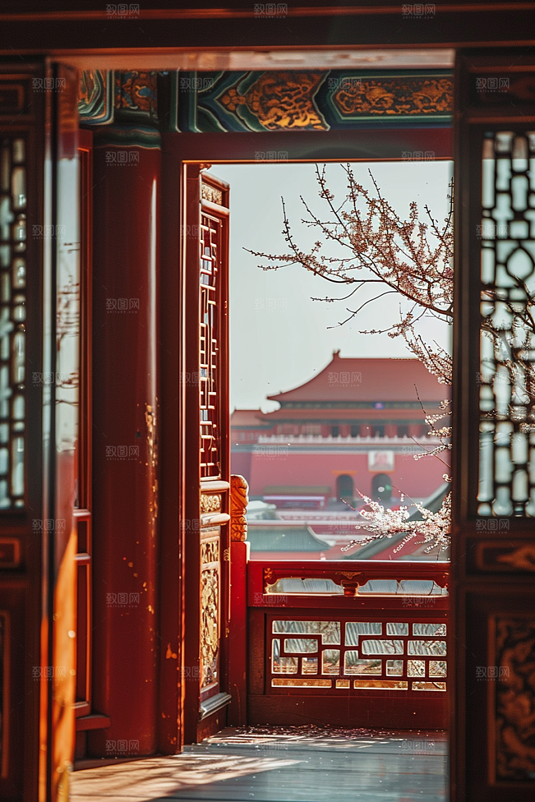 窗外的春色花草树木景色摄影图