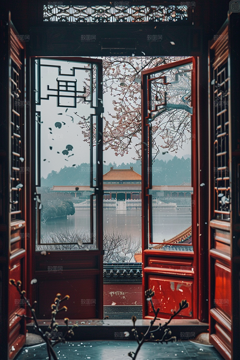 窗外的春色景色自然摄影图