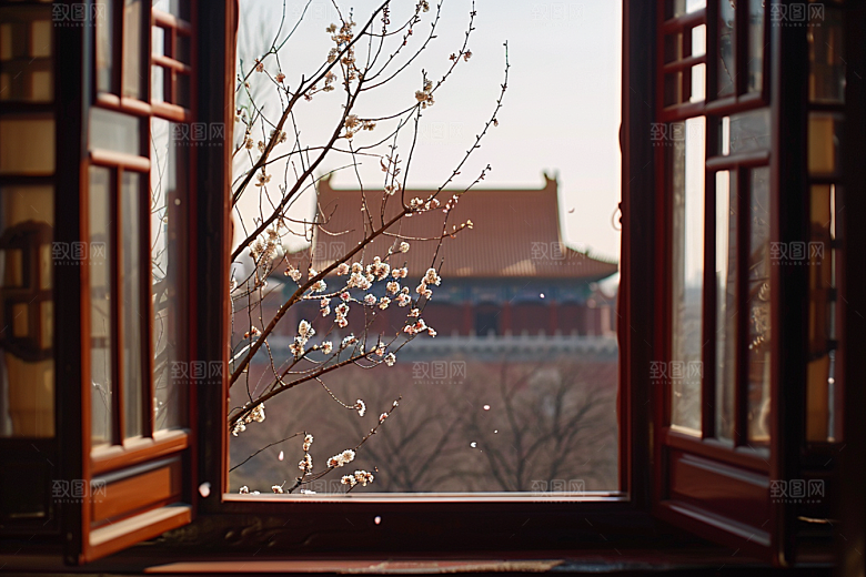 窗外的春色花草树木美景摄影图