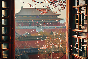 窗外的春色景色花园摄影图
