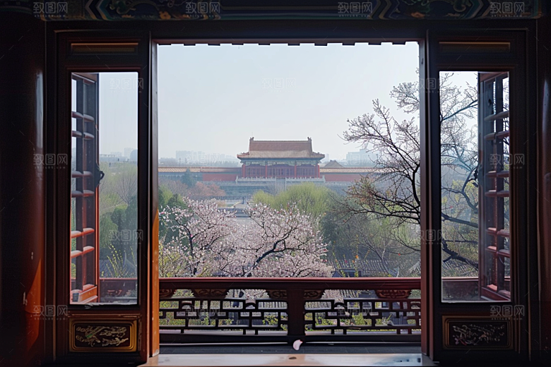 窗外的春色生机盎然美景摄影图