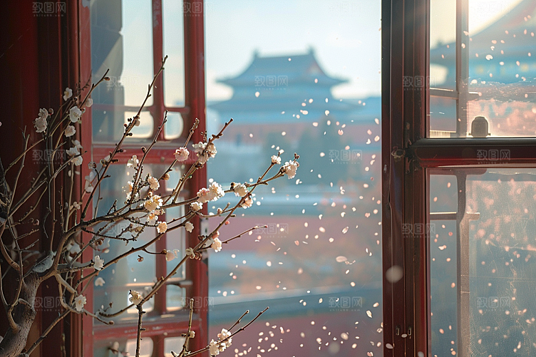 窗外的春色生机勃勃清新摄影图
