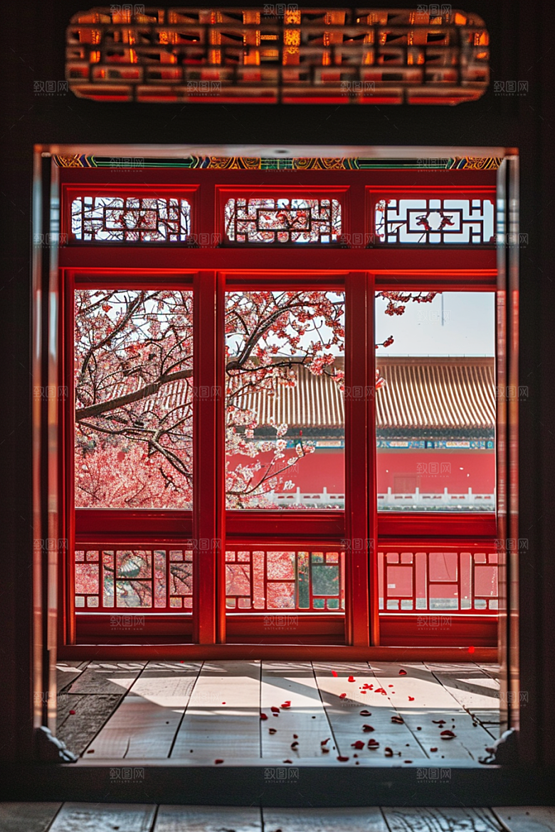 窗外的春色自然窗景摄影图