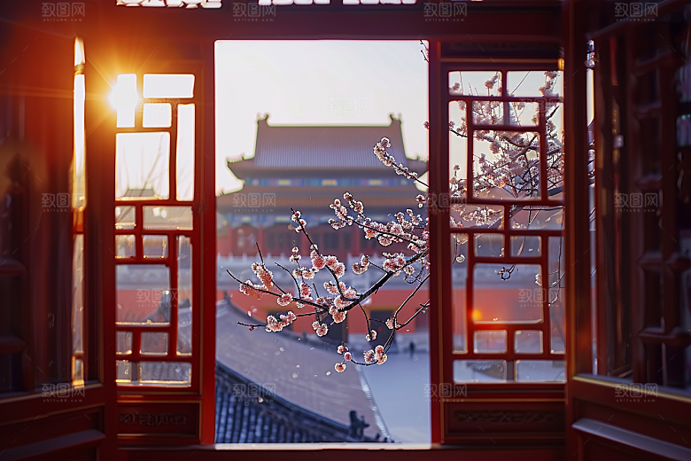 窗外的春色自然生机勃勃摄影图
