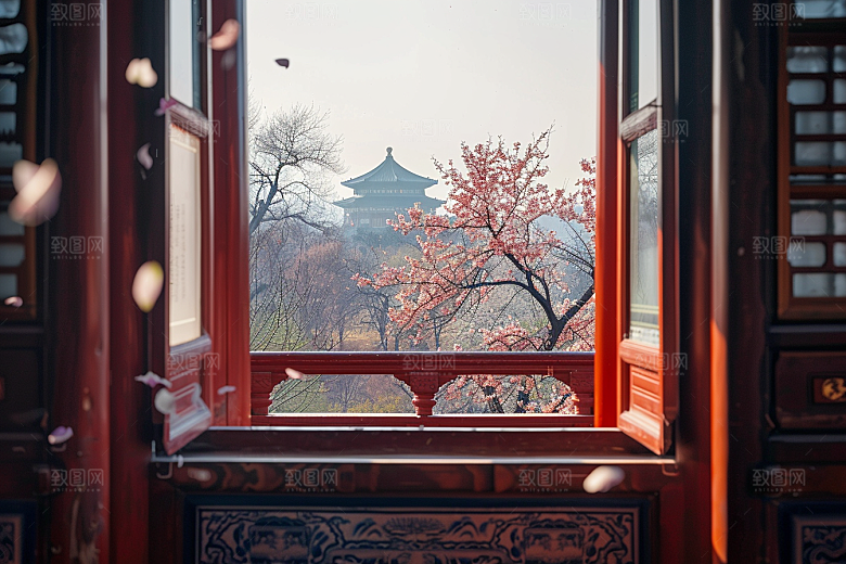 窗外的春色花园自然摄影图