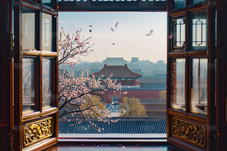 窗外的春色生机勃勃户外摄影图