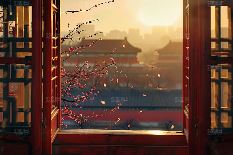 窗外的春色花草树木美景摄影图