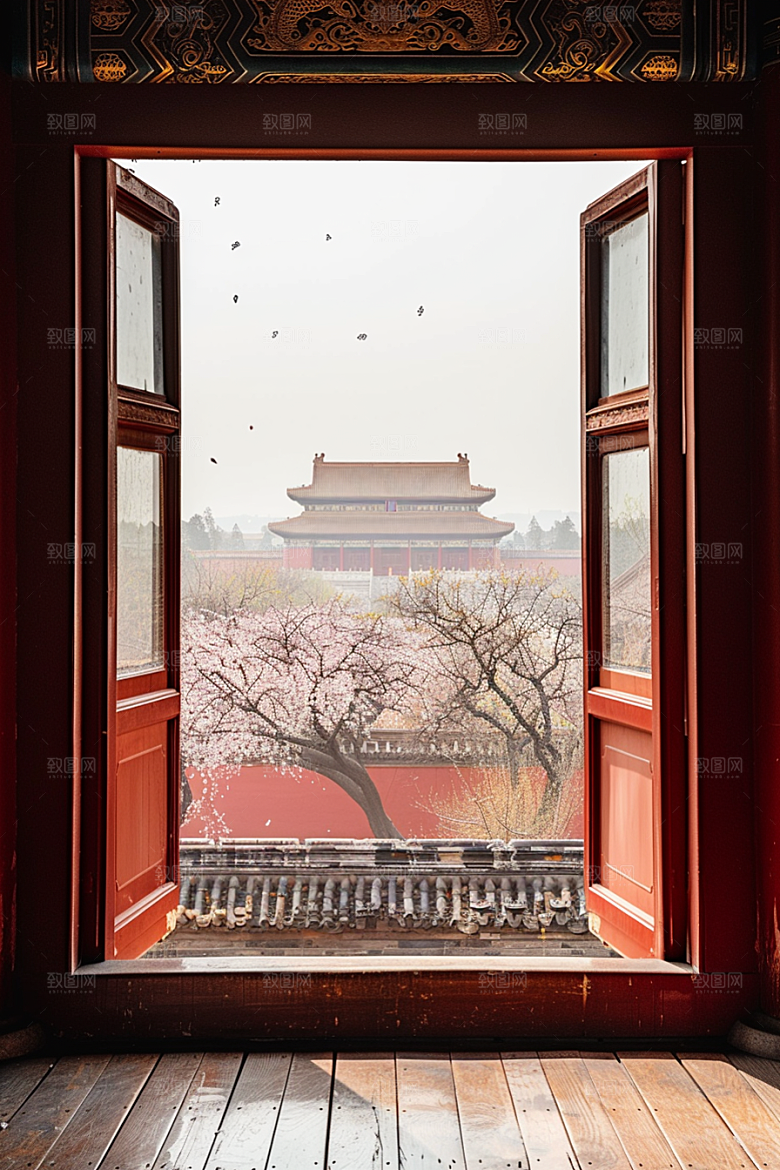 窗外的春色窗景自然摄影图