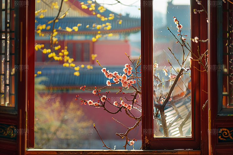 窗外的春色花园生机勃勃摄影图