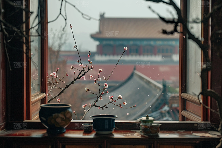 窗外的春色美景高清摄影图