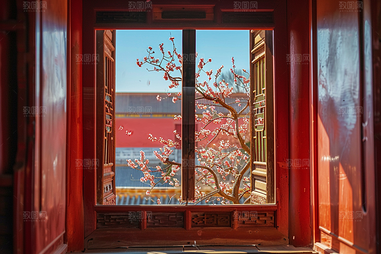 窗外的春色花草树木生机勃勃摄影图