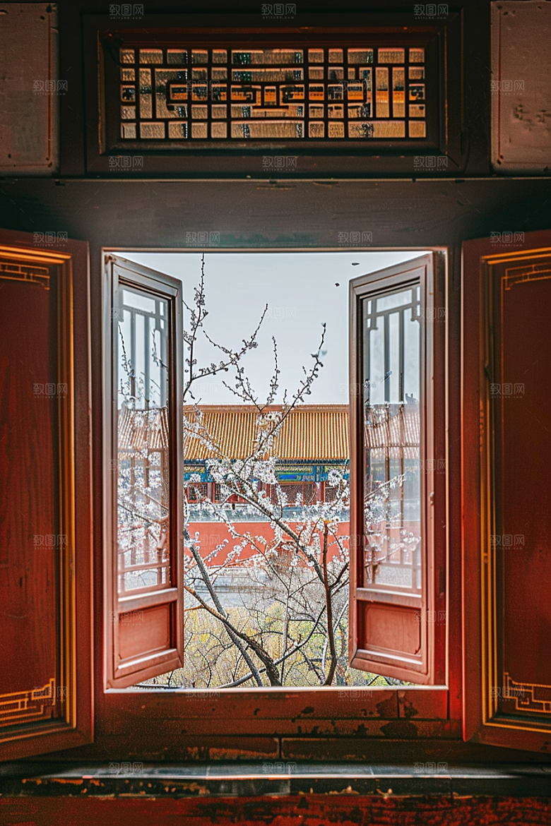 窗外的春色美景景色摄影图