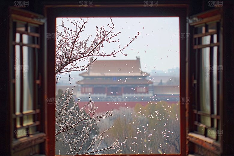窗外的春色生机盎然窗景摄影图