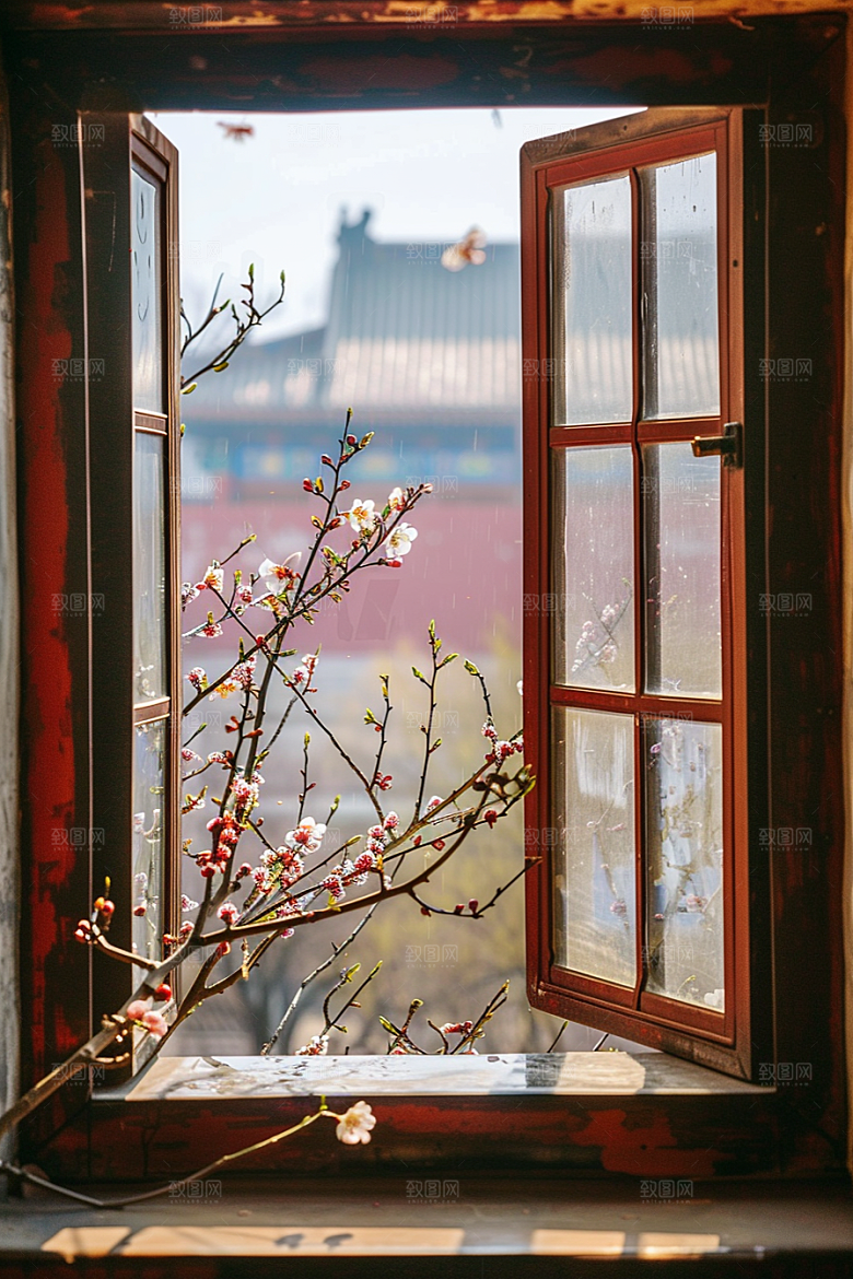 窗外的春色花园生机勃勃摄影图
