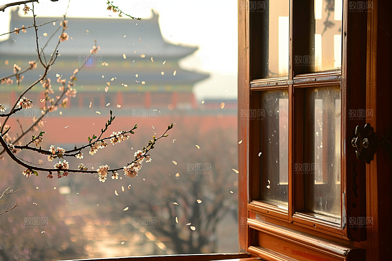 窗外的春色生机盎然户外摄影图