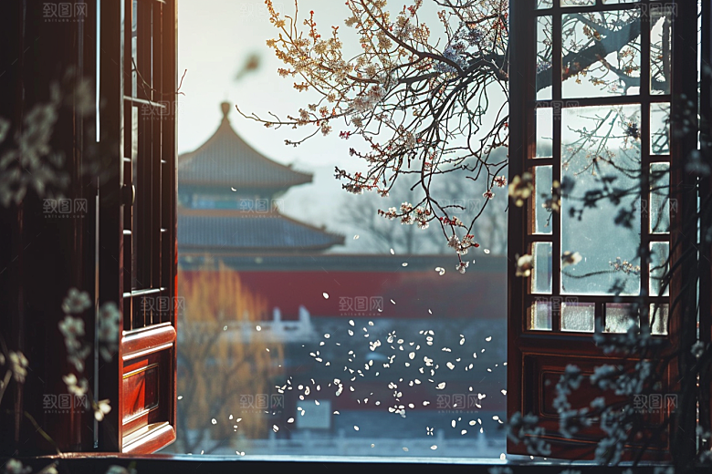 窗外的春色生机勃勃自然摄影图