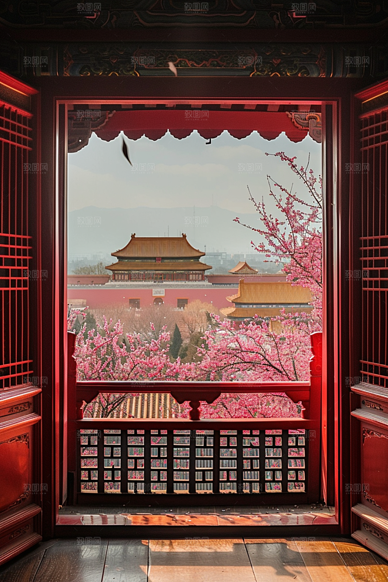 窗外的春色景色花草树木摄影图