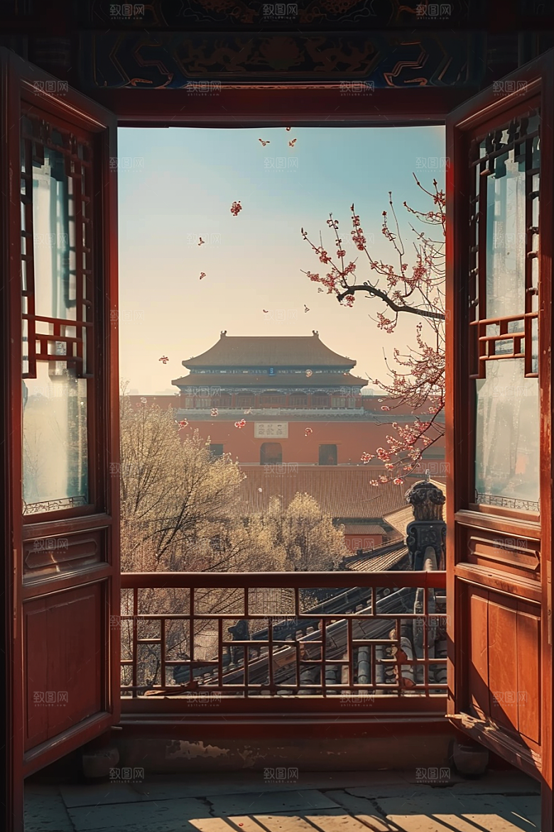 窗外的春色花园花草树木摄影图