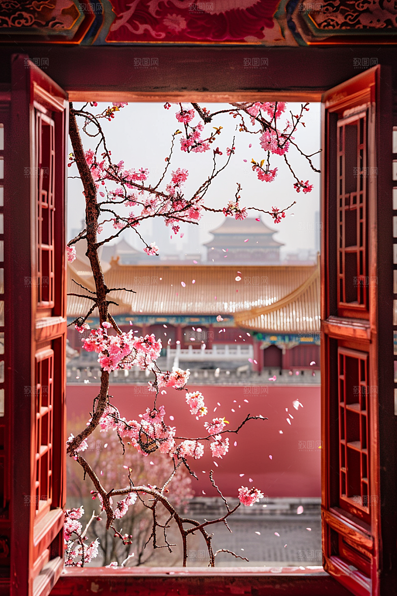 窗外的春色生机盎然美景摄影图