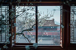 窗外的春色花园美景摄影图
