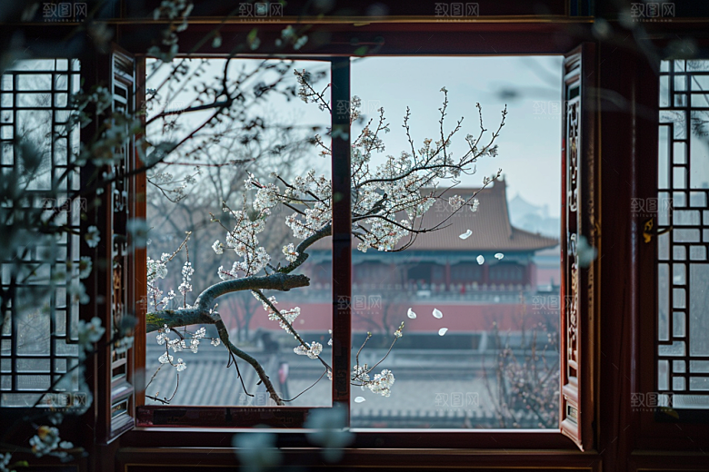 窗外的春色花园美景摄影图