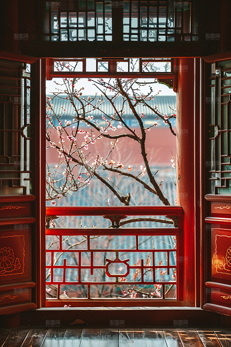 窗外的春色花园生机勃勃摄影图