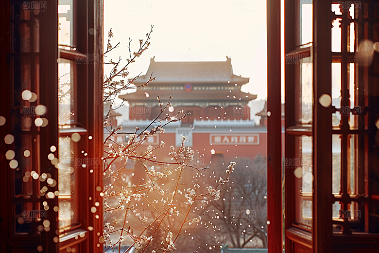 窗外的春色窗景生机盎然摄影图