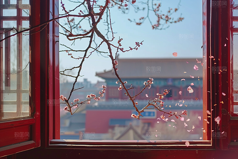 窗外的春色景色花园摄影图