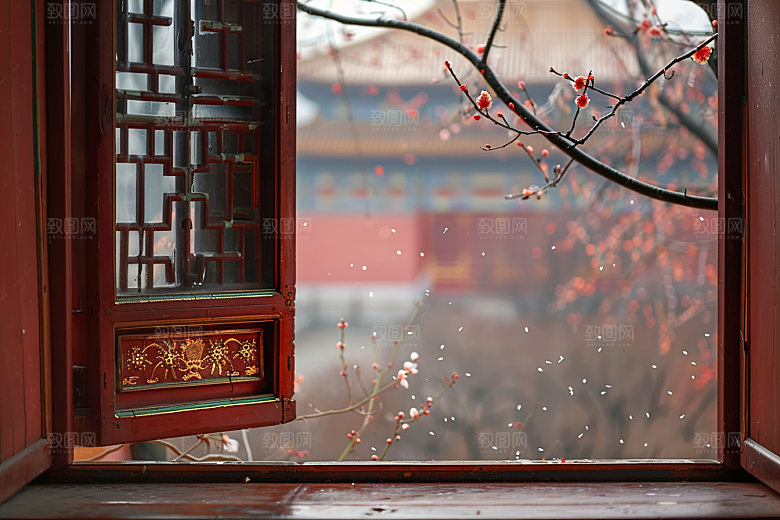 窗外的春色窗景生机盎然摄影图