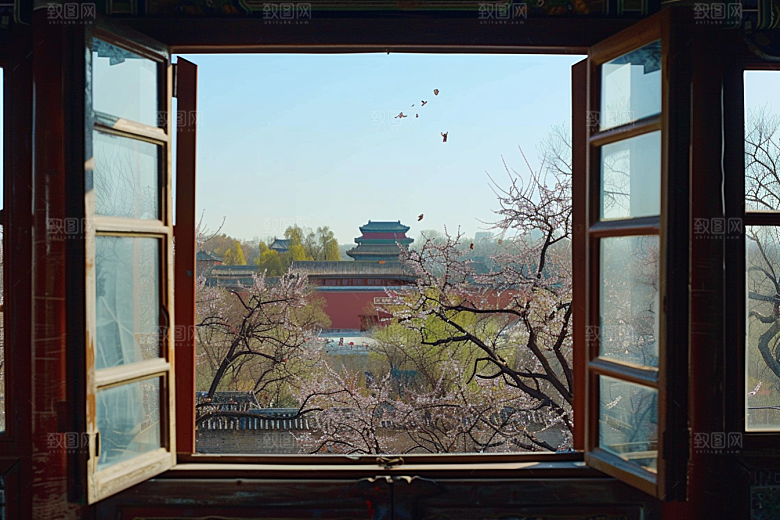 窗外的春色窗景室外摄影图