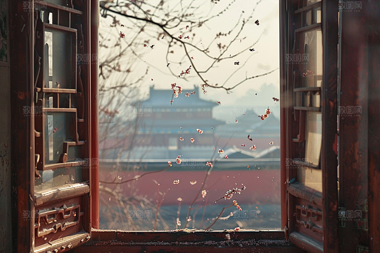 窗外的春色花园美景摄影图