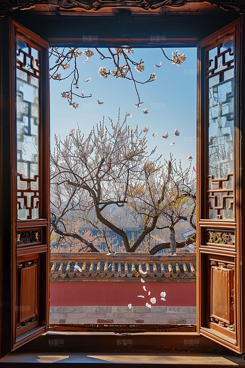 窗外的春色景色花草树木摄影图