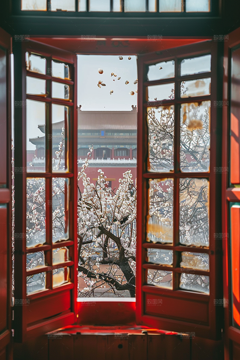 窗外的春色花园花草树木摄影图