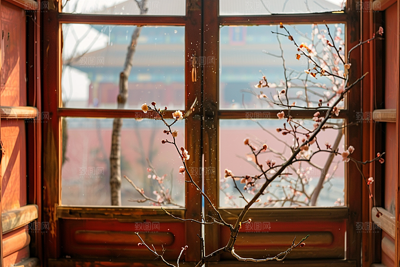 窗外的春色生机勃勃花园摄影图