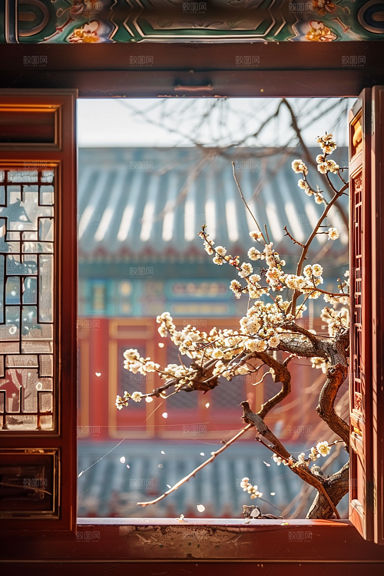 窗外的春色美景生机盎然摄影图