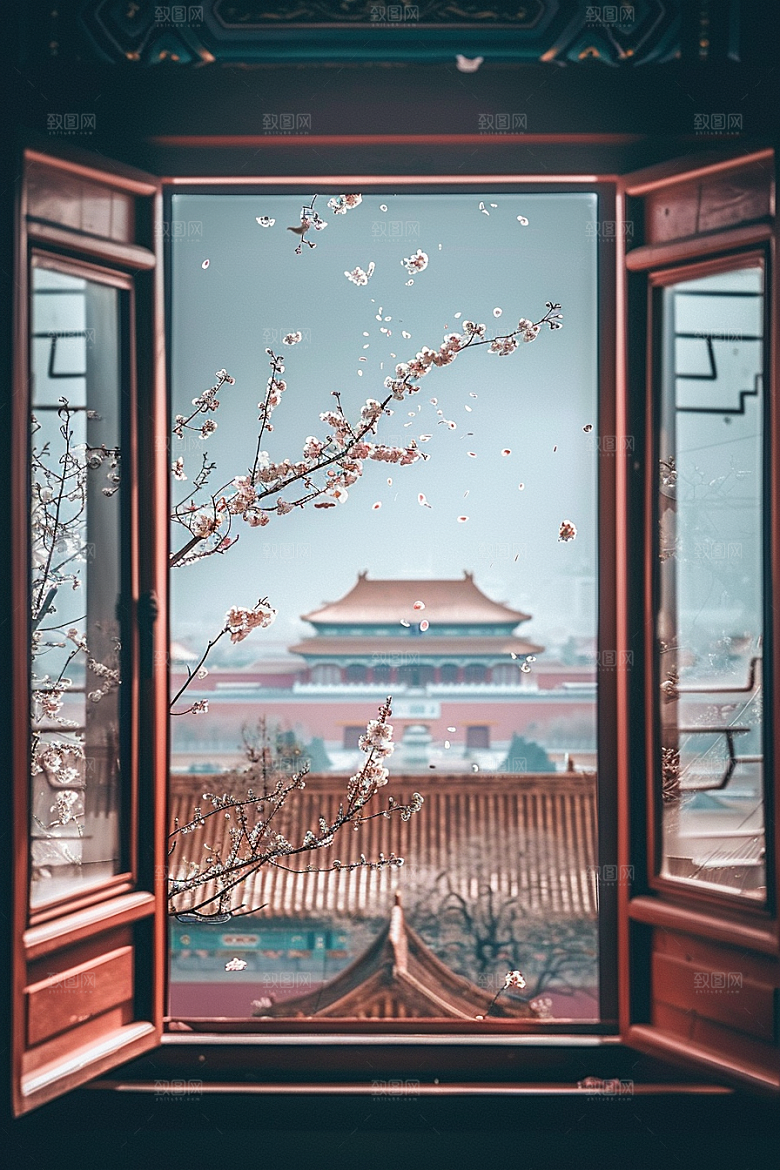 窗外的春色景色室外摄影图