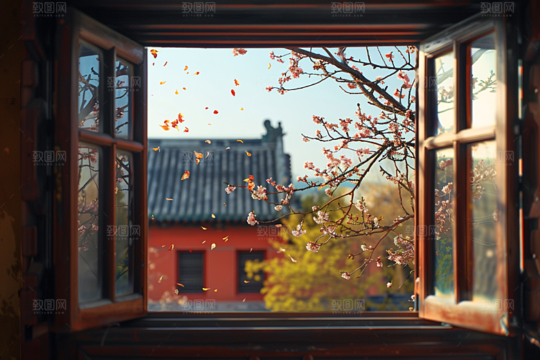 窗外的春色花草树木生机盎然摄影图