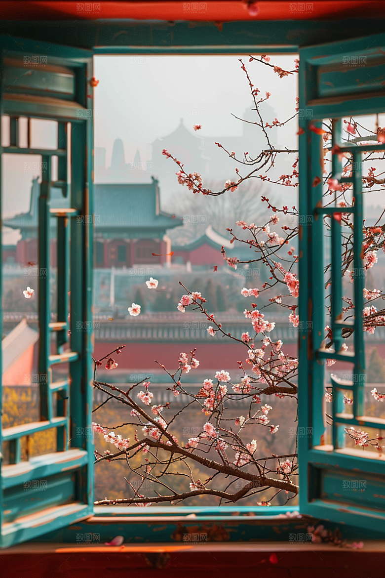 窗外的春色生机勃勃生机盎然摄影图