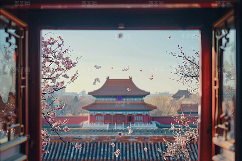 窗外的春色花园生机勃勃摄影图