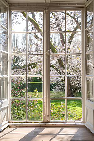 窗外的春色生机盎然花园摄影图