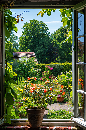 窗外的春色花园自然摄影图