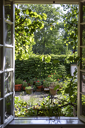 窗外的春色花园生机盎然摄影图