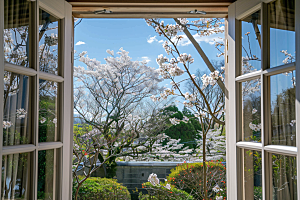 窗外的春色花园春天摄影图