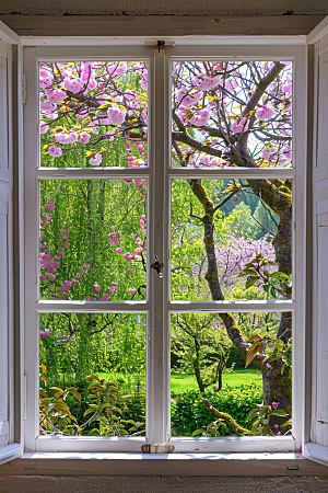 窗外的春色生机盎然窗景摄影图