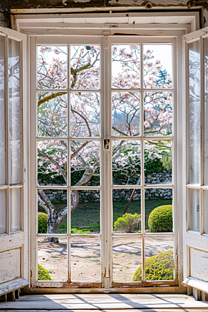 窗外的春色景色窗景摄影图